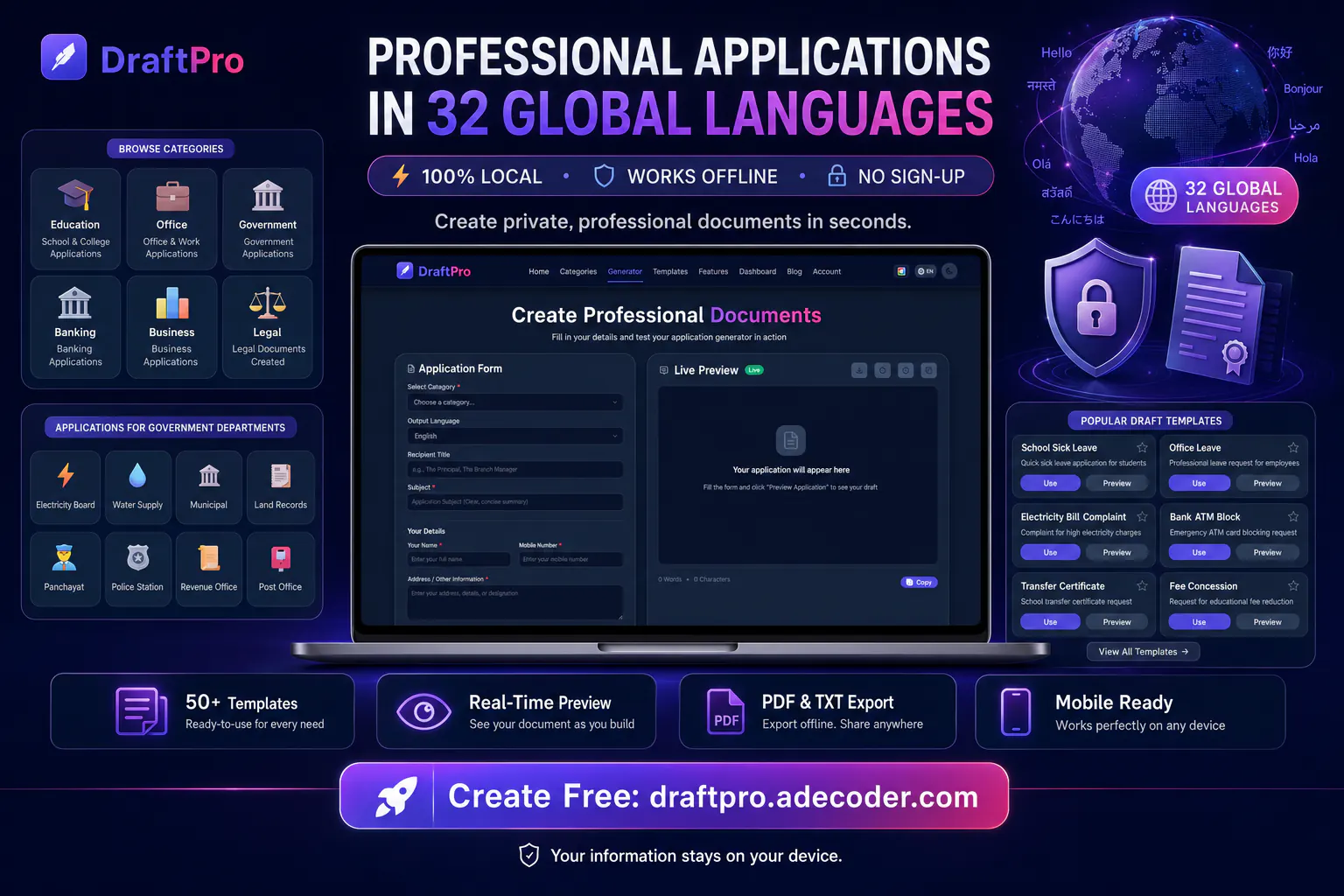 Adecoder browser workspace with guided templates and document preview